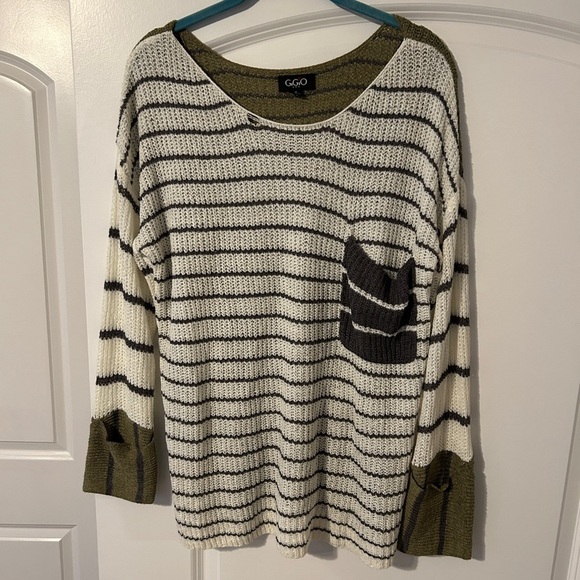 gigio Sweaters - Gigio boutique Striped Knit Sweater - Cream and Olive - small (more like m/l)